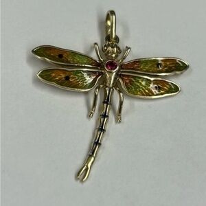 14K solid yellow gold enameled with ruby dragonfly pendant not scrap 4.90grams